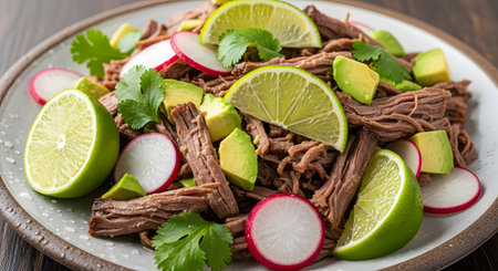 Shredded Beef Carne Deshebrada with Fresh Lime Avocado Radish and Cilantroの素材