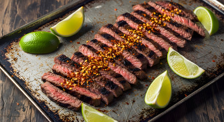 Grilled Flank Steak with Chili Flakes and Lime on a Rustic Metal Trayの素材