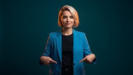 Vibrant Blonde Woman Presenting Bottom Left Tealの素材