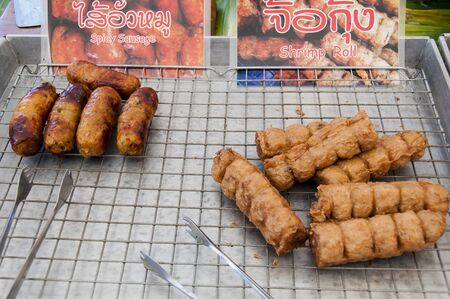  Spicy sausage and shrimp roll on the grill のeditorial素材