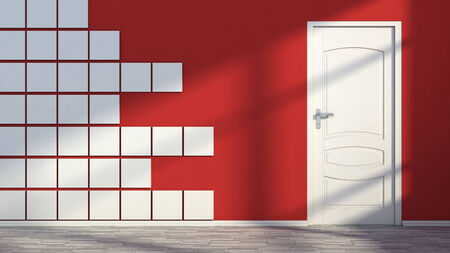 red empty interior with white doorの写真素材