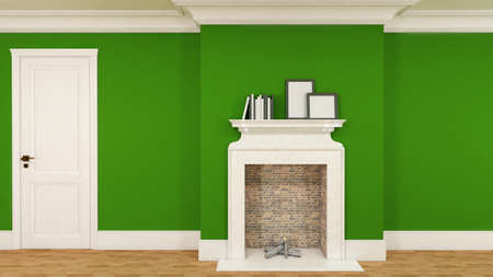 interior in green with a fireplace, books and empty picturesの写真素材