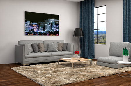 interior with grey sofa. 3d illustrationの写真素材