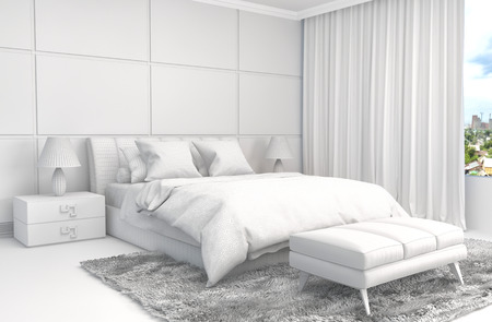 Bedroom interior with CAD wireframe mesh. 3D Illustrationの写真素材