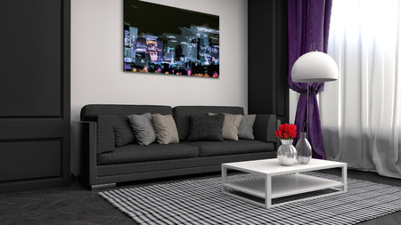 interior with black sofa. 3d illustration