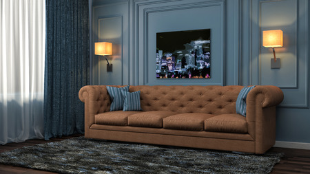 interior with brown sofa. 3d illustrationの写真素材
