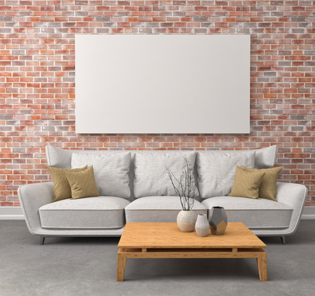 Mock up blank poster on the wall of interior with sofa. 3D Illustration