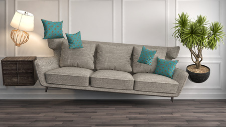 Zero Gravity Sofa hovering in living room. 3D Illustrationの写真素材