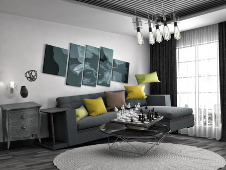 Zero Gravity Sofa hovering in living room. 3D Illustration