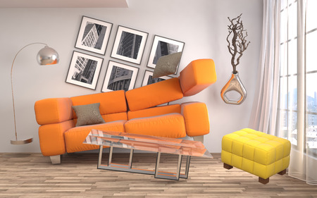 Zero Gravity Sofa hovering in living room. 3D Illustrationの写真素材