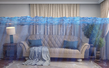 interior of the house flooded with water. 3d illustrationの写真素材