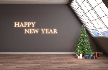 Christmas tree with decorations in the living room. 3d illustrationの写真素材