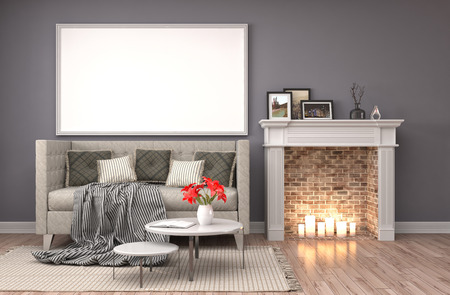 mock up poster frame in interior background. 3D Illustrationの写真素材