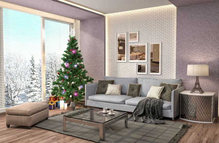 Christmas tree with decorations in the living room. 3d illustrationの写真素材