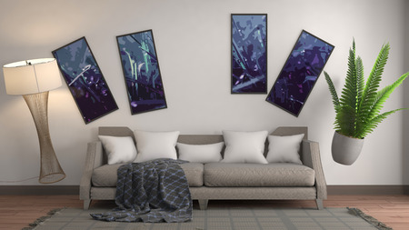 Zero Gravity furniture hovering in living room. 3D Illustrationの写真素材