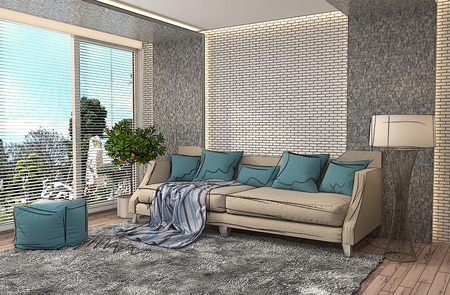 interior with sofa. 3d illustrationの写真素材