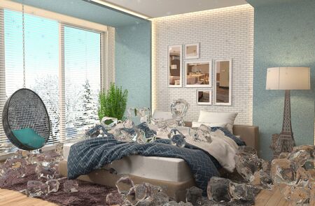 Disabling heating. Interior with ice. 3D iilustration