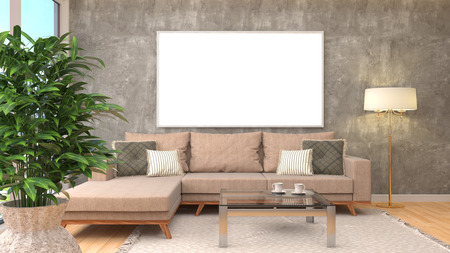 mock up poster frame in interior background. 3D Illustrationの写真素材