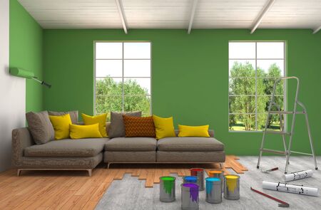 Repair and painting of walls in room. 3D illustration.の写真素材