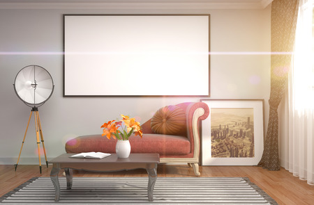 mock up poster frame in interior background. 3D Illustrationの写真素材