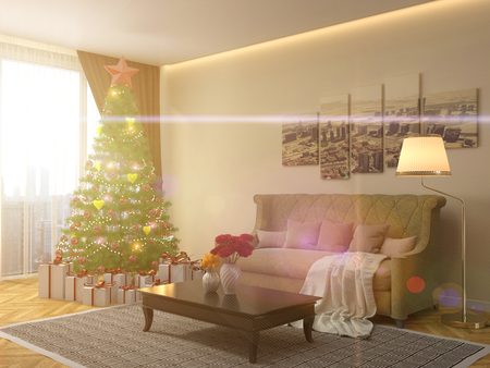 Christmas tree with decorations in the living room. 3d illustrationの写真素材