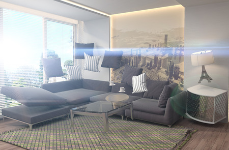 Zero Gravity furniture hovering in living room. 3D Illustration