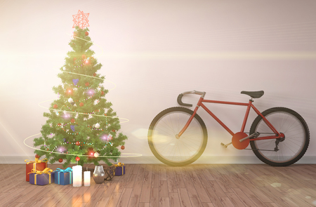Christmas tree with decorations in the living room. 3d illustrationの写真素材