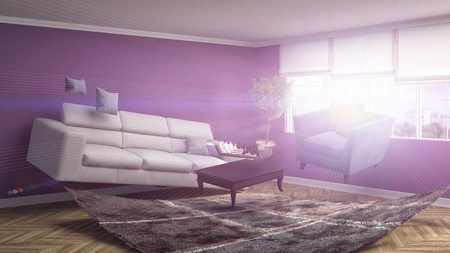 Zero Gravity Sofa hovering in living room. 3D Illustrationの写真素材