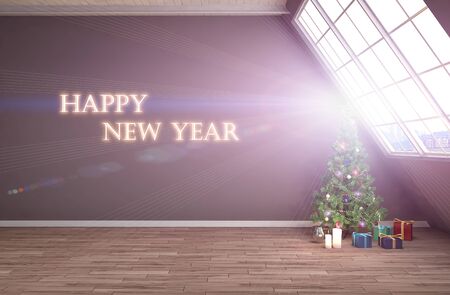 Christmas tree with decorations in the living room. 3d illustrationの写真素材