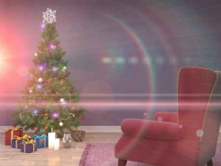 Christmas tree with decorations in the living room. 3d illustrationの写真素材