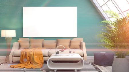 mock up poster frame in interior background. 3D Illustrationの写真素材