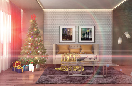 Christmas tree with decorations in the living room. 3d illustrationの写真素材
