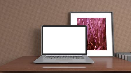 computer with white screen on office table. 3D illustration