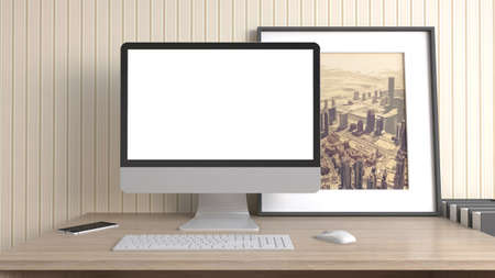 computer with white screen on office table. 3D illustrationの写真素材
