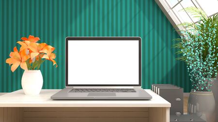 computer with white screen on office table. 3D illustrationの写真素材