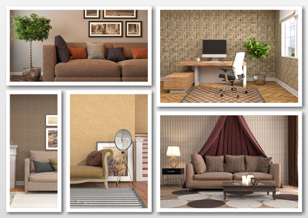 Collage of modern home brown interior. 3d illustrationの写真素材