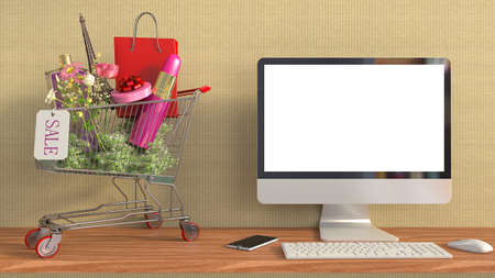 computer with white screen on office table. 3D illustrationの写真素材