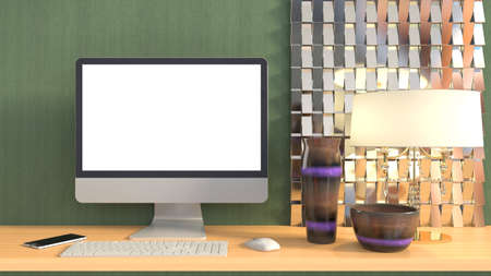 computer with white screen on office table. 3D illustrationの写真素材
