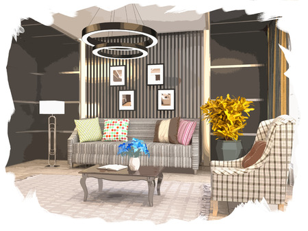interior sketch design of living room. 3D