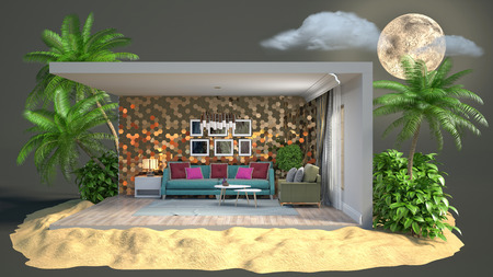 Interior of the living room in a box. 3D illustration