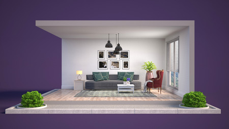 Interior of the living room in a box. 3D illustration