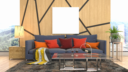 mock up poster frame in interior background. 3D Illustrationの写真素材