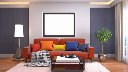 mock up poster frame in interior background. 3D Illustrationの写真素材