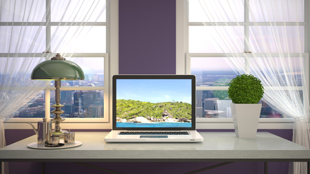 Computer on office table. 3d illustrationの写真素材