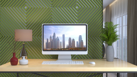Computer on office table. 3d illustrationの写真素材