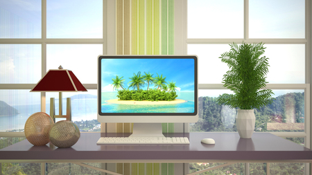 Computer on office table. 3d illustrationの写真素材