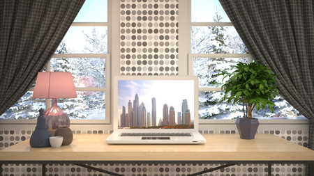 Computer on office table. 3d illustrationの写真素材