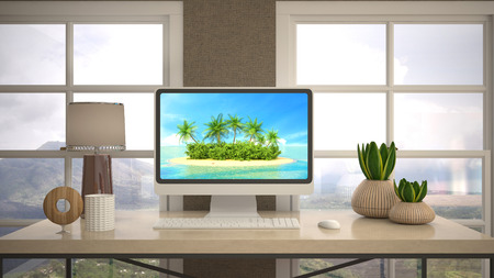 Computer on office table. 3d illustration