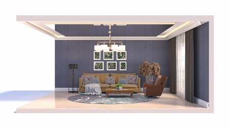Interior of the living room in a box. 3D illustration