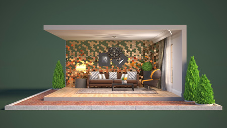 Interior of the living room in a box. 3D illustration
